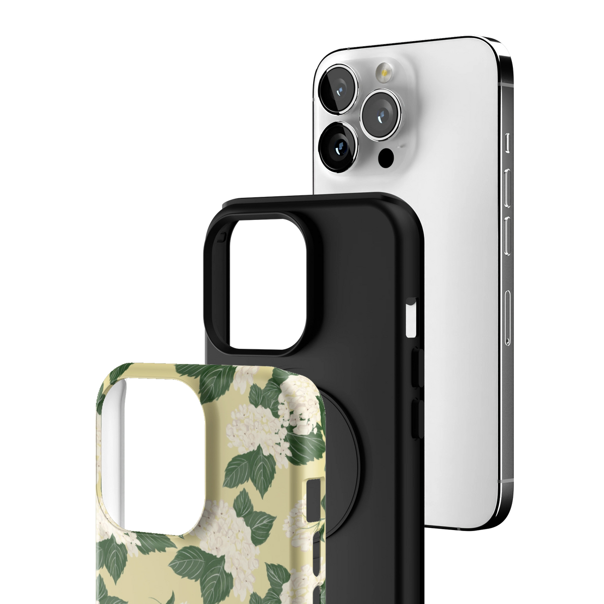 Exploded view of the Hydrangea iPhone 13 Pro case: printed shell, black inner layer with MagSafe ring, and phone
