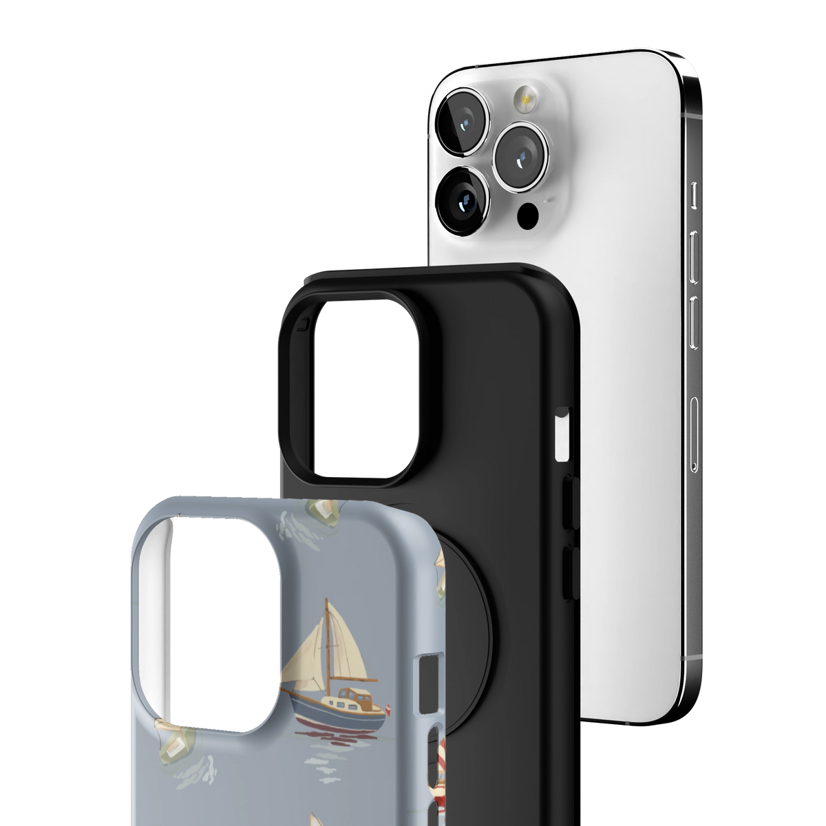 Exploded view of the Harbor iPhone 13 Pro case: printed shell, black inner layer with MagSafe ring, and phone