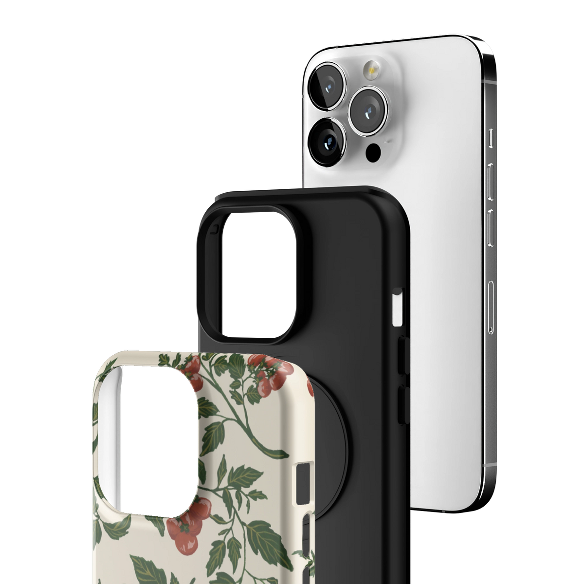 Exploded view of the Tomato Vines iPhone 13 Pro case: printed shell, black inner layer with MagSafe ring, and phone