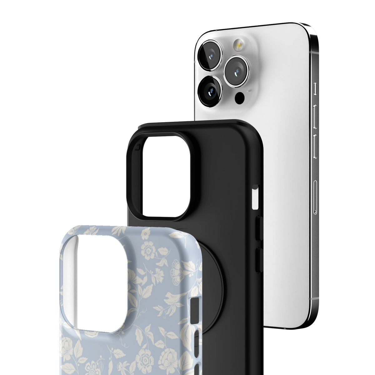 Exploded view of the Spritz iPhone 13 Pro case: printed shell, black inner layer with MagSafe ring, and phone