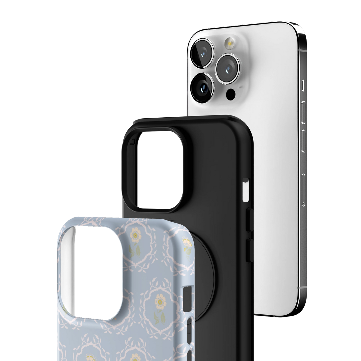 Exploded view of the Merrigold iPhone 13 Pro case: printed shell, black inner layer with MagSafe ring, and phone