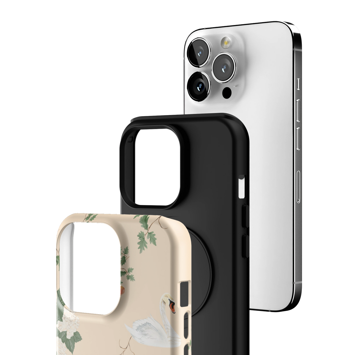 Exploded view of the Swan Hollow iPhone 13 Pro case: printed shell, black inner layer with MagSafe ring, and phone