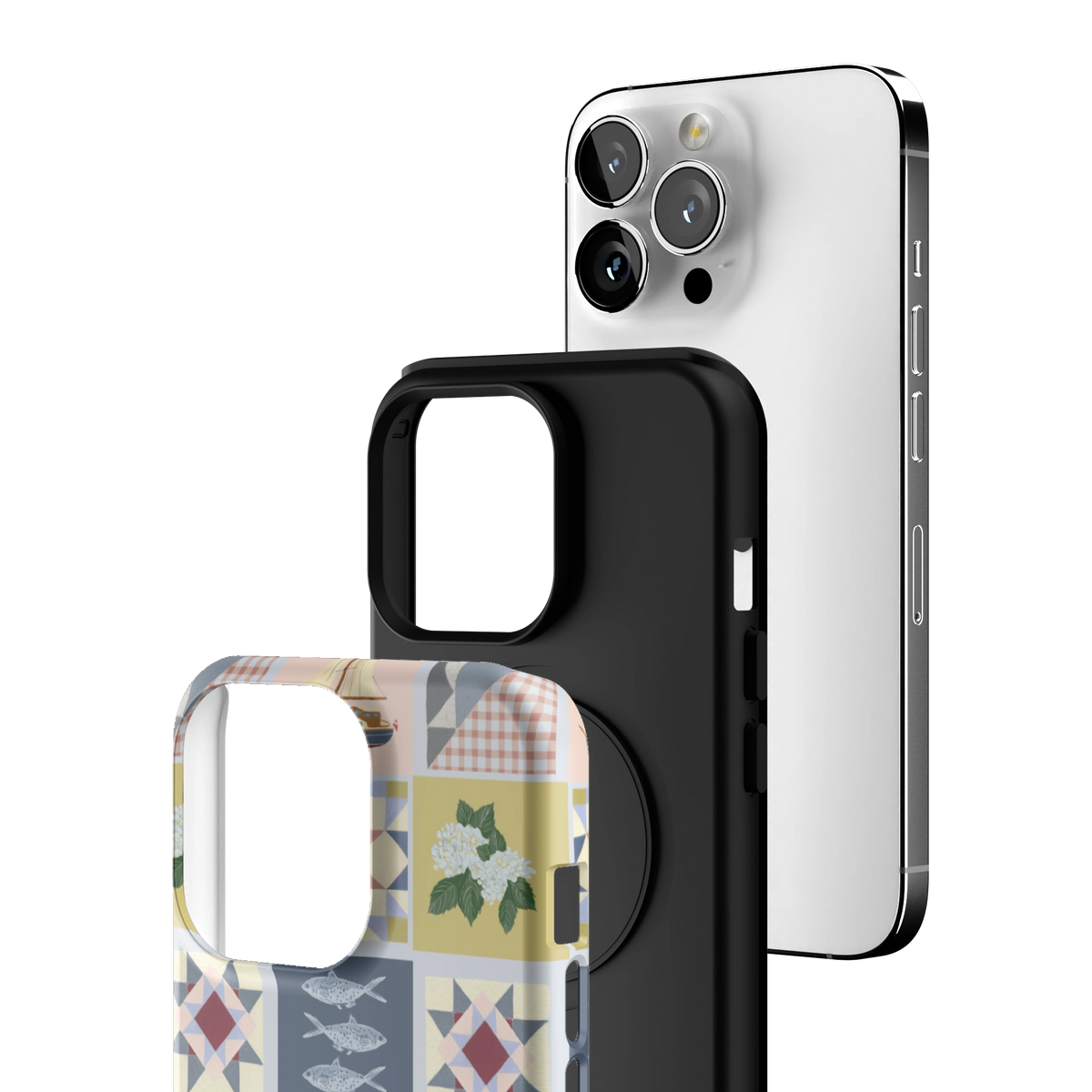 Exploded view of the Coastal Quilt iPhone 13 Pro case: printed shell, black inner layer with MagSafe ring, and phone