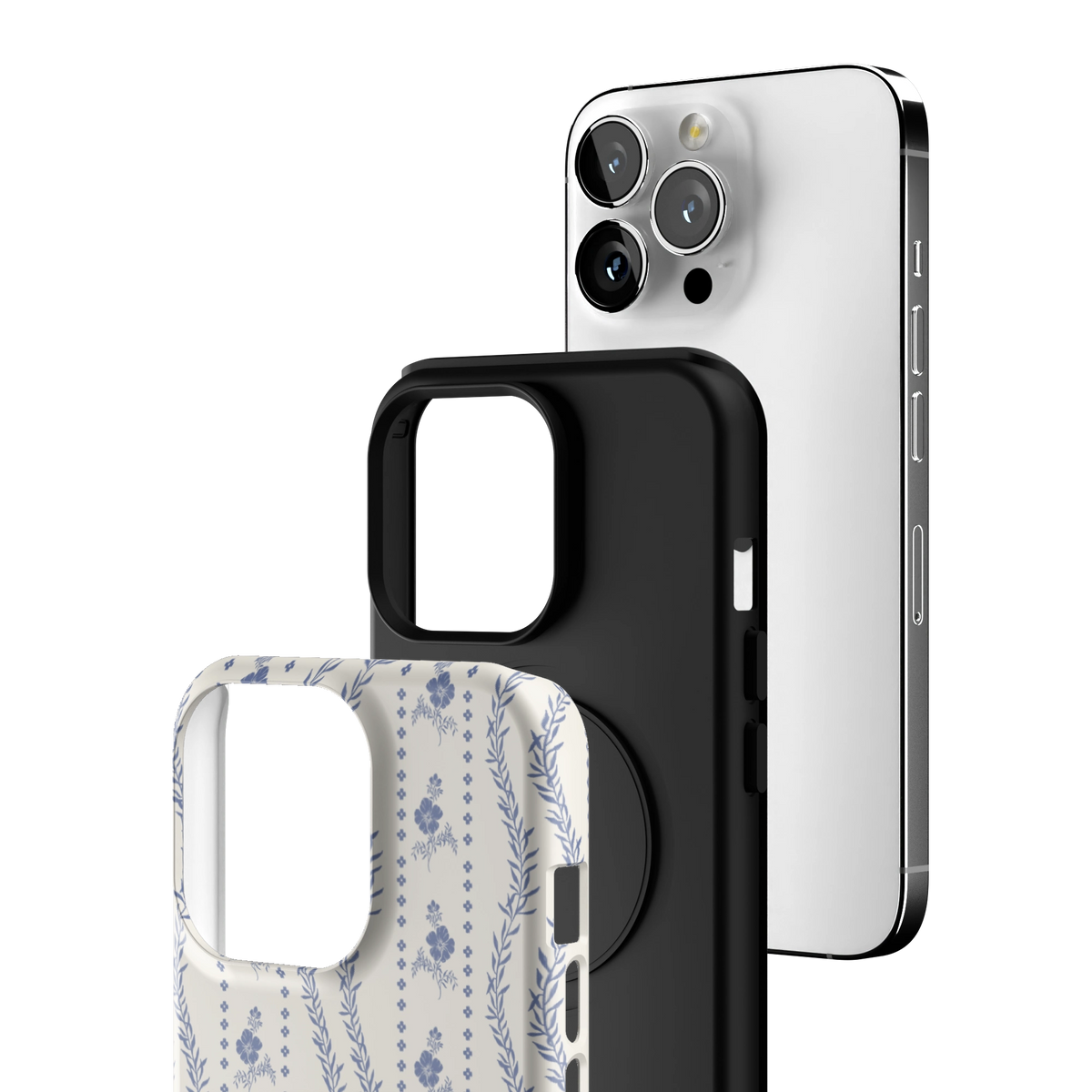 Exploded view of the Riviera iPhone 13 Pro case: printed shell, black inner layer with MagSafe ring, and phone