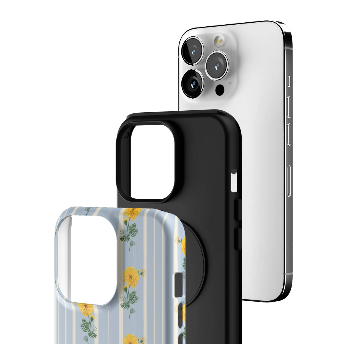 Exploded view of the October Birth Month iPhone 13 Pro case: printed shell, black inner layer with MagSafe ring, and phone