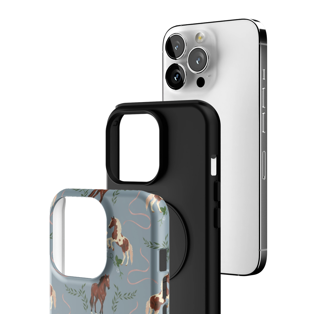 Exploded view of the Prairie Personalized iPhone 13 Pro case: printed shell, black inner layer with MagSafe ring, and phone