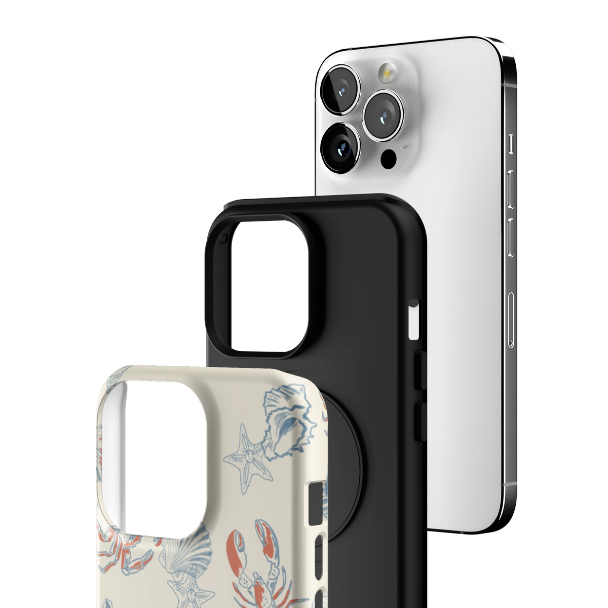 Exploded view of the Mariner Personalized iPhone 13 Pro case: printed shell, black inner layer with MagSafe ring, and phone