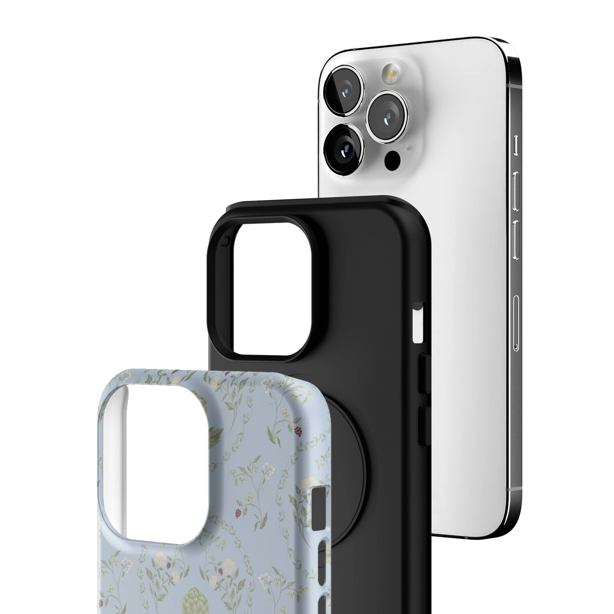 Exploded view of the Artichoke iPhone 13 Pro case: printed shell, black inner layer with MagSafe ring, and phone