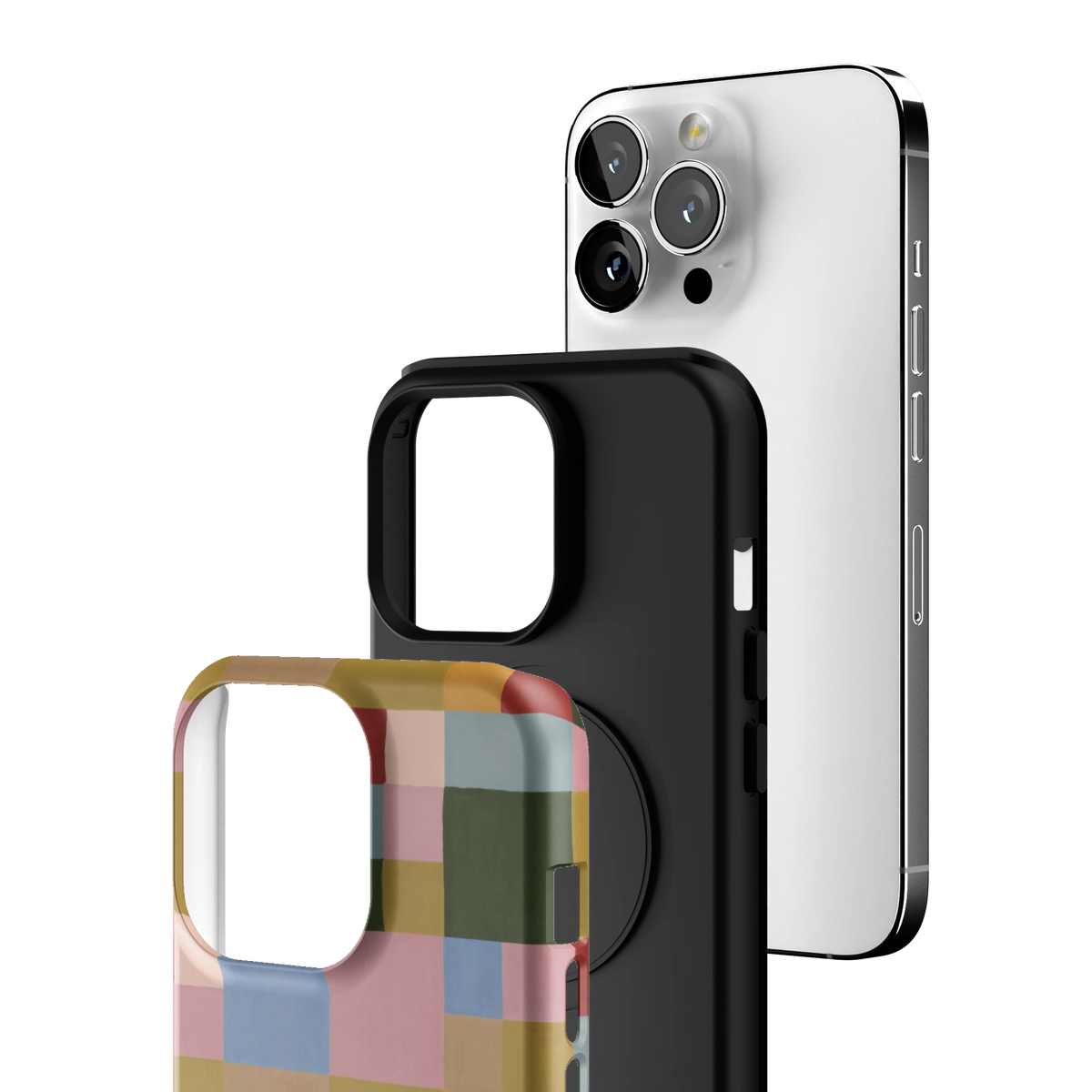 Exploded view of the Colorblock iPhone 13 Pro case: printed shell, black inner layer with MagSafe ring, and phone