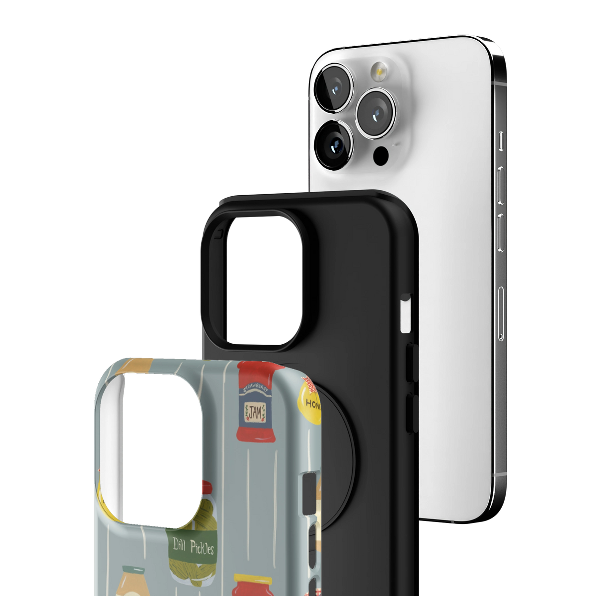 Exploded view of the Preserves Personalized iPhone 13 Pro case: printed shell, black inner layer with MagSafe ring, and phone