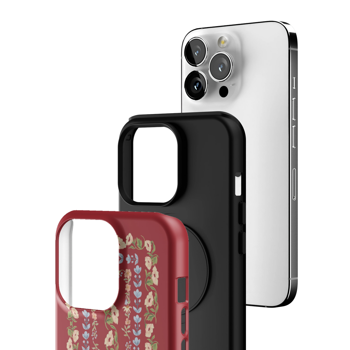 Exploded view of the Fiona iPhone 13 Pro case: printed shell, black inner layer with MagSafe ring, and phone