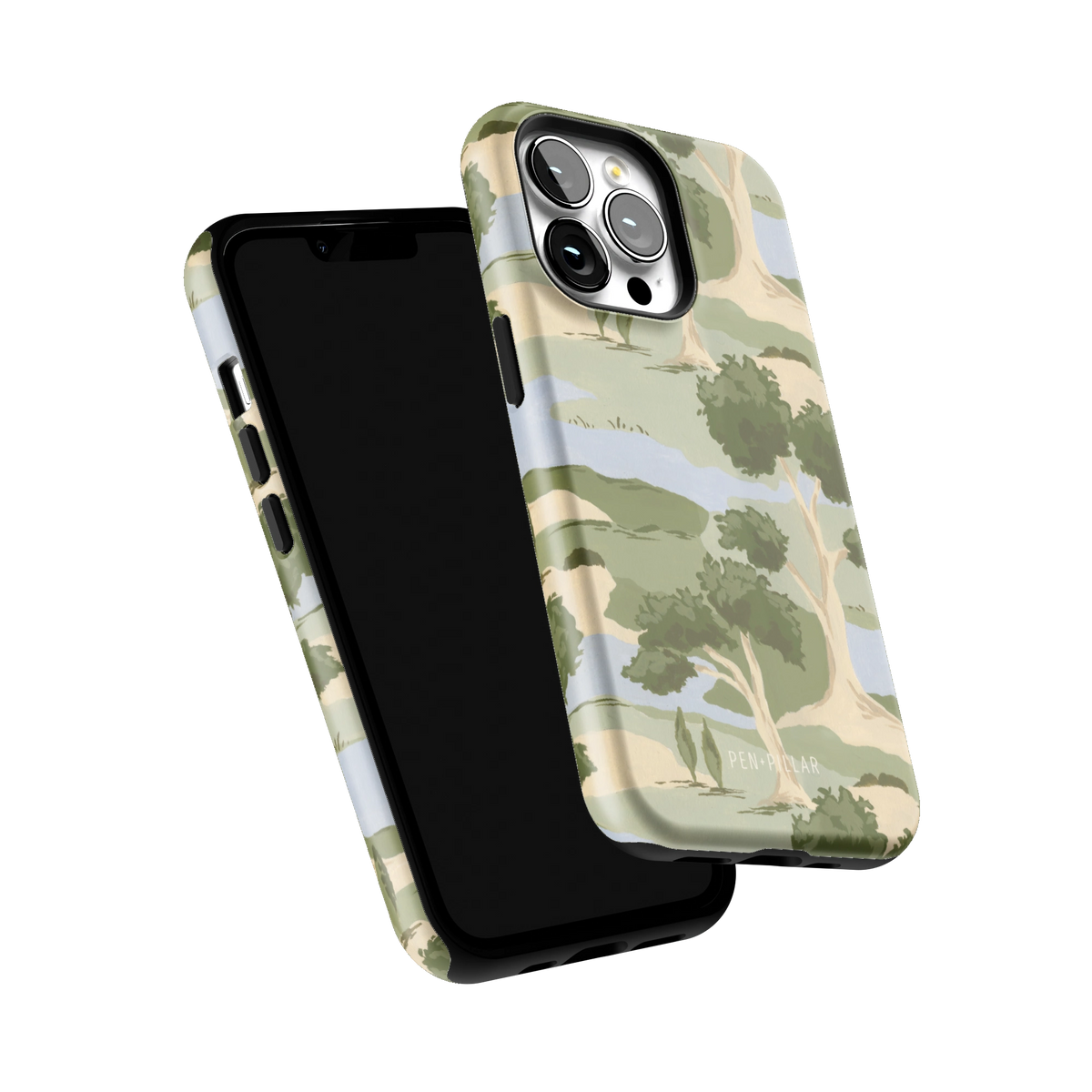 Orchard iPhone 13 Pro case tilted to show the raised edges around the screen and camera