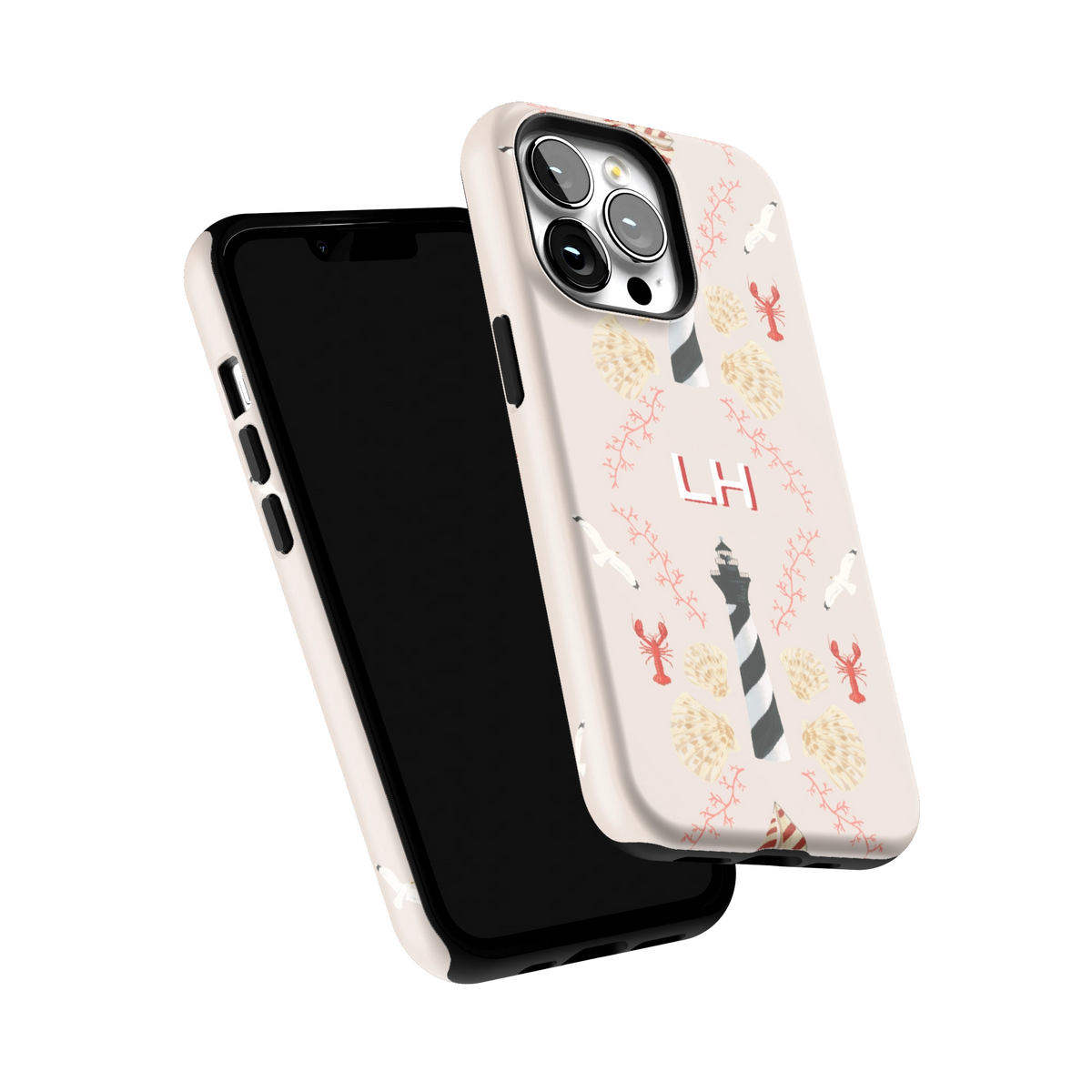 Lighthouse Personalized iPhone 13 Pro case tilted to show the raised edges around the screen and camera