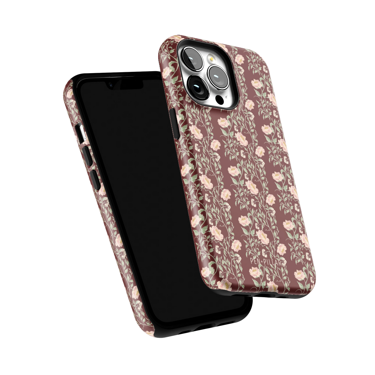Thicket iPhone 13 Pro case tilted to show the raised edges around the screen and camera