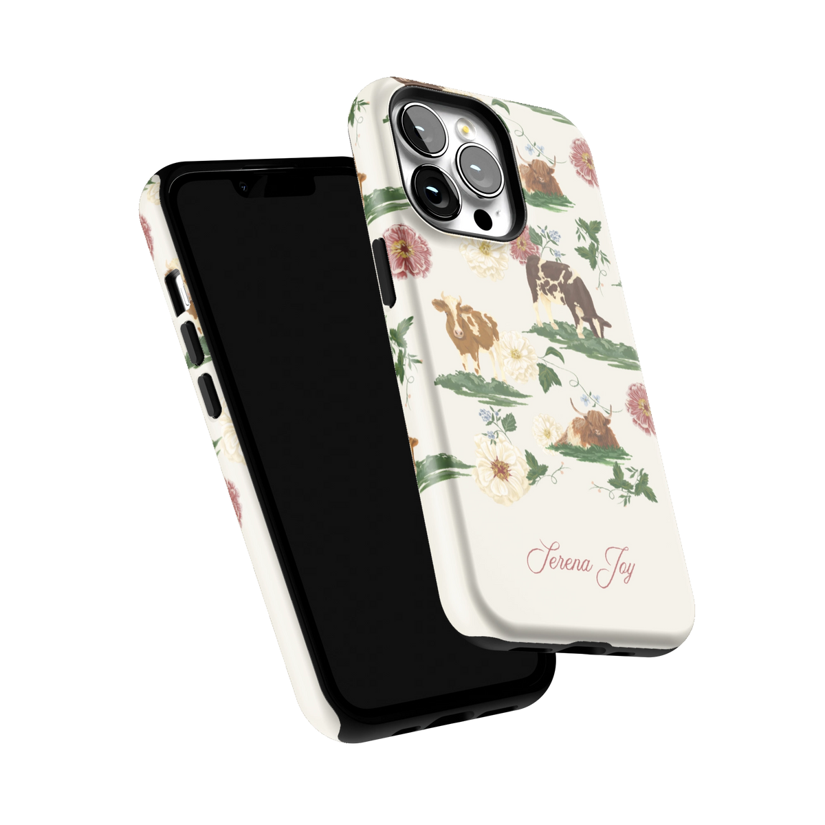 Pasture Personalized iPhone 13 Pro case tilted to show the raised edges around the screen and camera