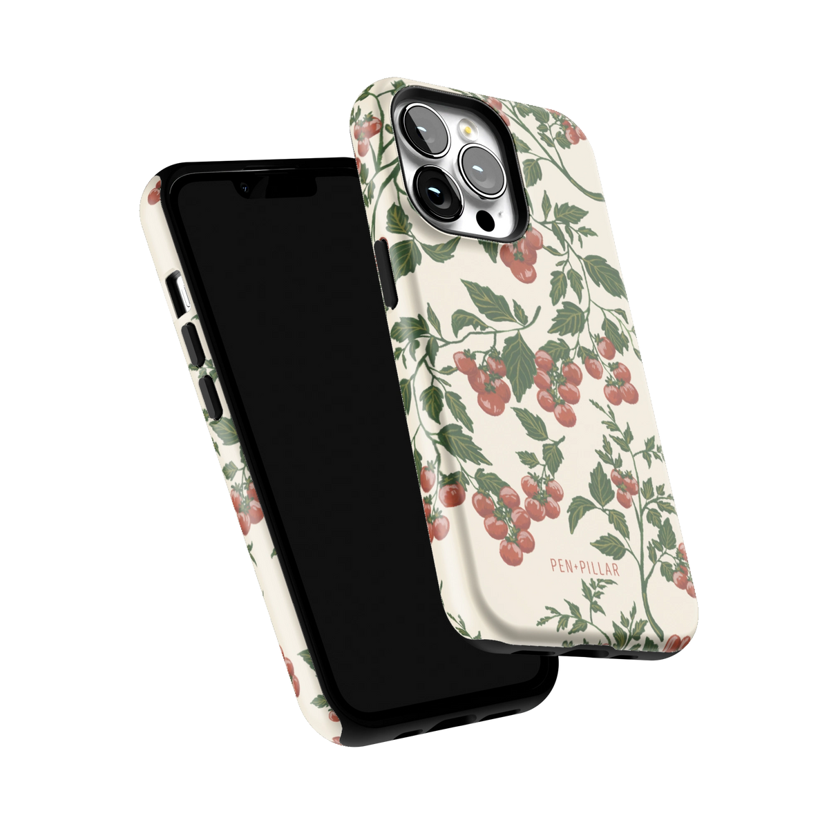Tomato Vines iPhone 13 Pro case tilted to show the raised edges around the screen and camera