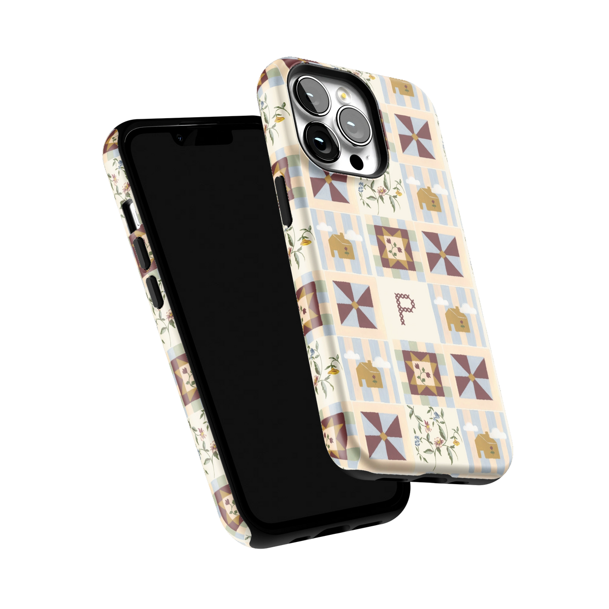 Pinwheel Personalized iPhone 13 Pro case tilted to show the raised edges around the screen and camera