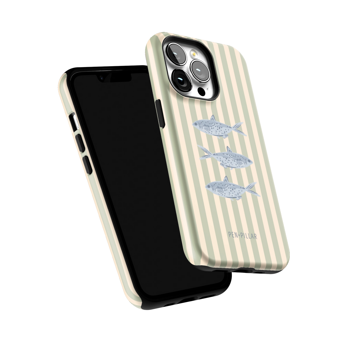 Sea Stripes iPhone 13 Pro case tilted to show the raised edges around the screen and camera