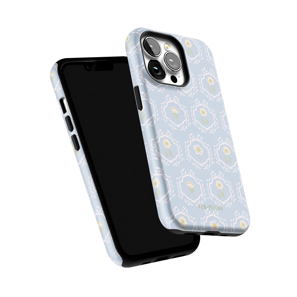 Merrigold iPhone 13 Pro case tilted to show the raised edges around the screen and camera