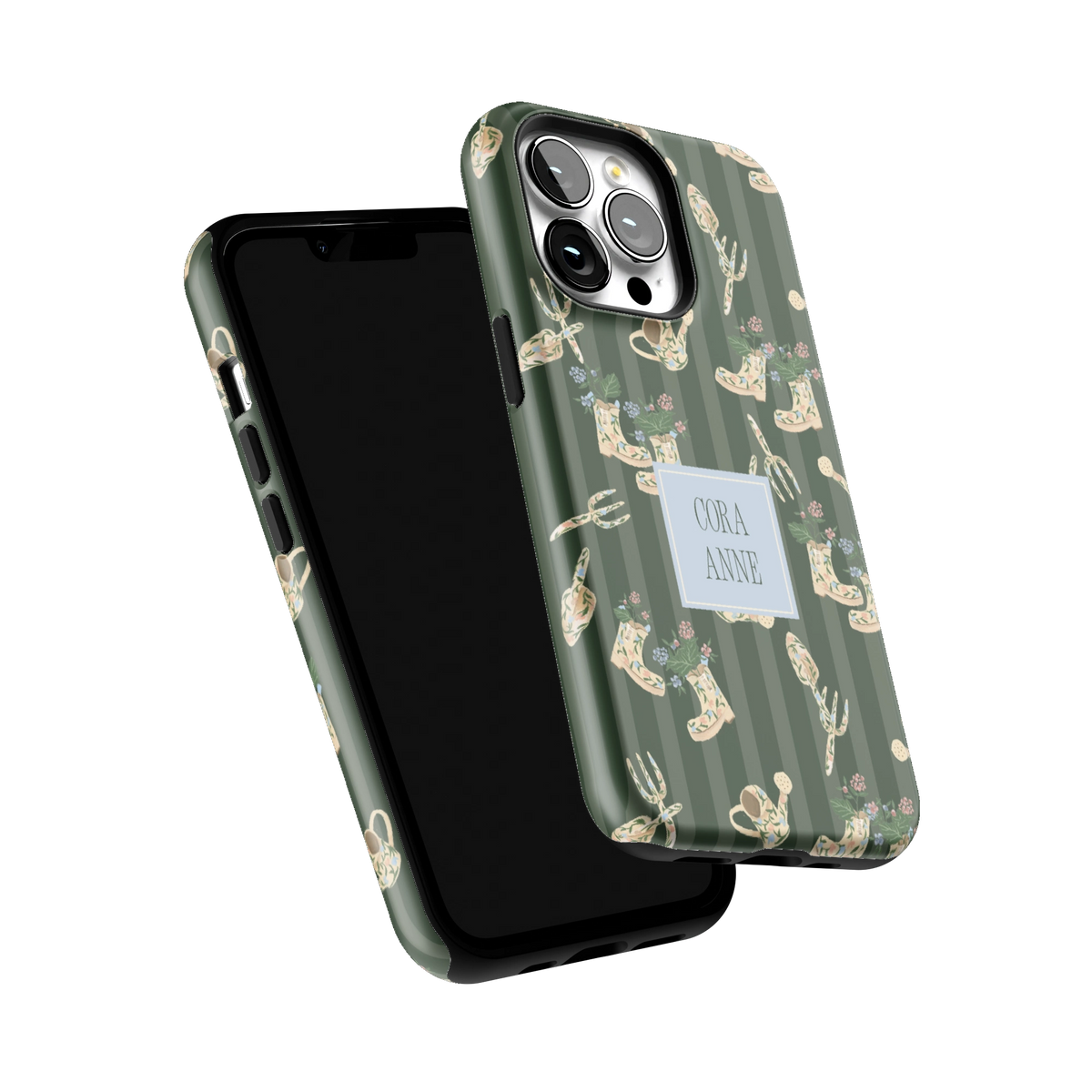 In the Garden Personalized iPhone 13 Pro case tilted to show the raised edges around the screen and camera