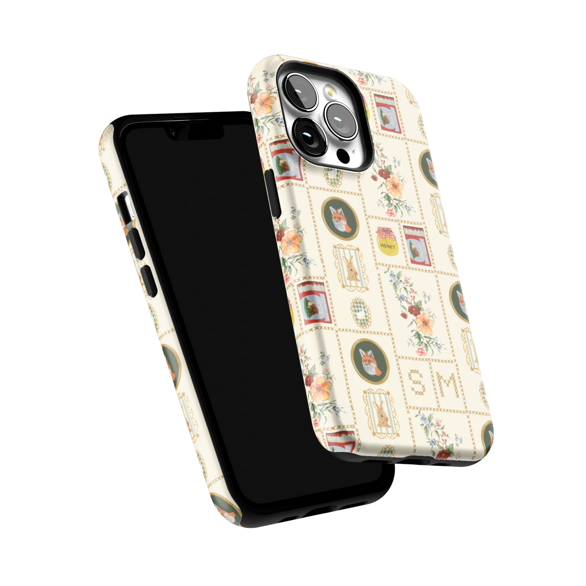 Sampler Personalized iPhone 13 Pro case tilted to show the raised edges around the screen and camera