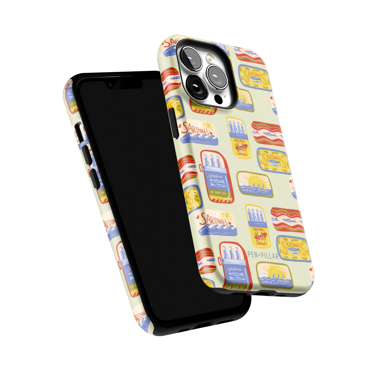 Sardines iPhone 13 Pro case tilted to show the raised edges around the screen and camera