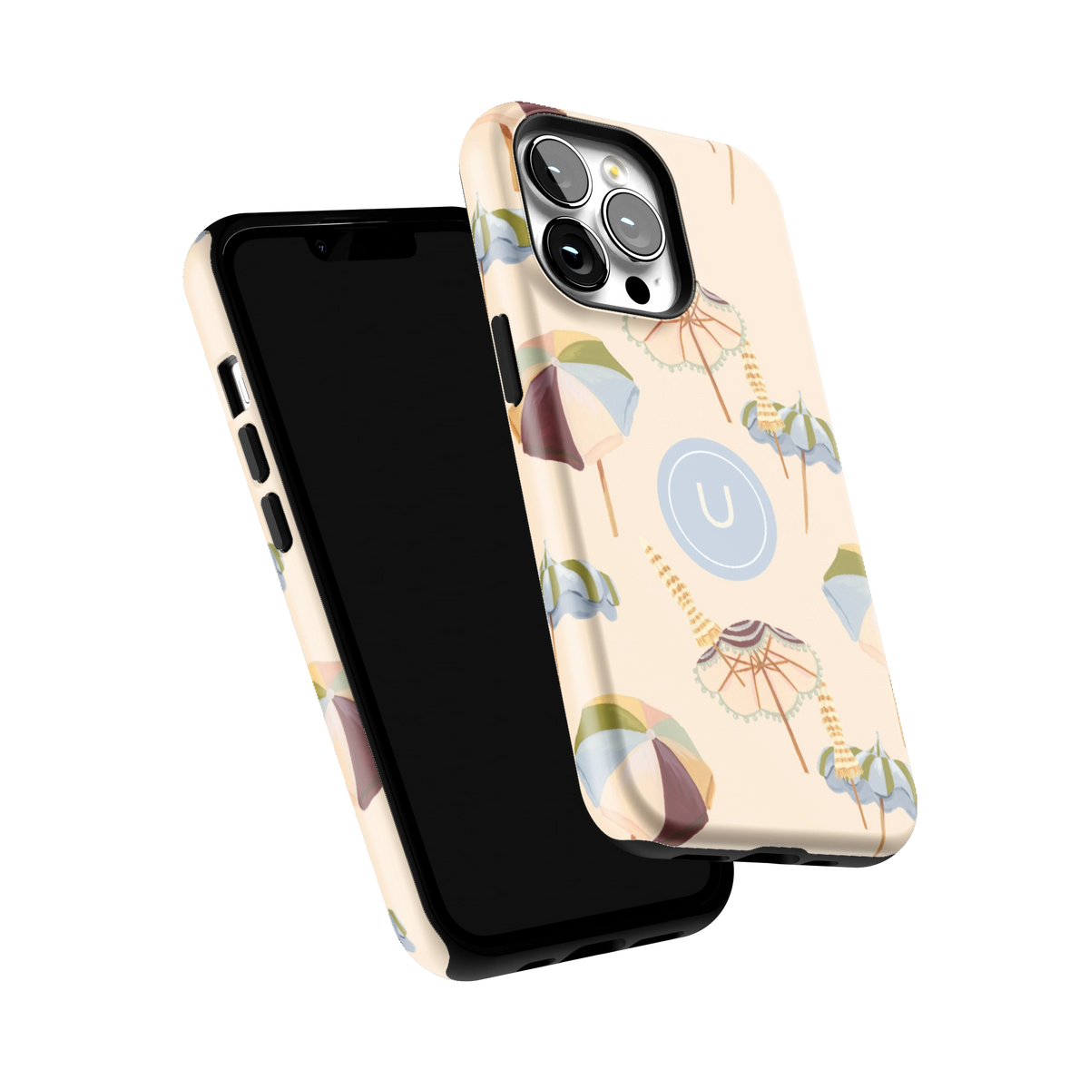 Umbrellas Personalized iPhone 13 Pro case tilted to show the raised edges around the screen and camera