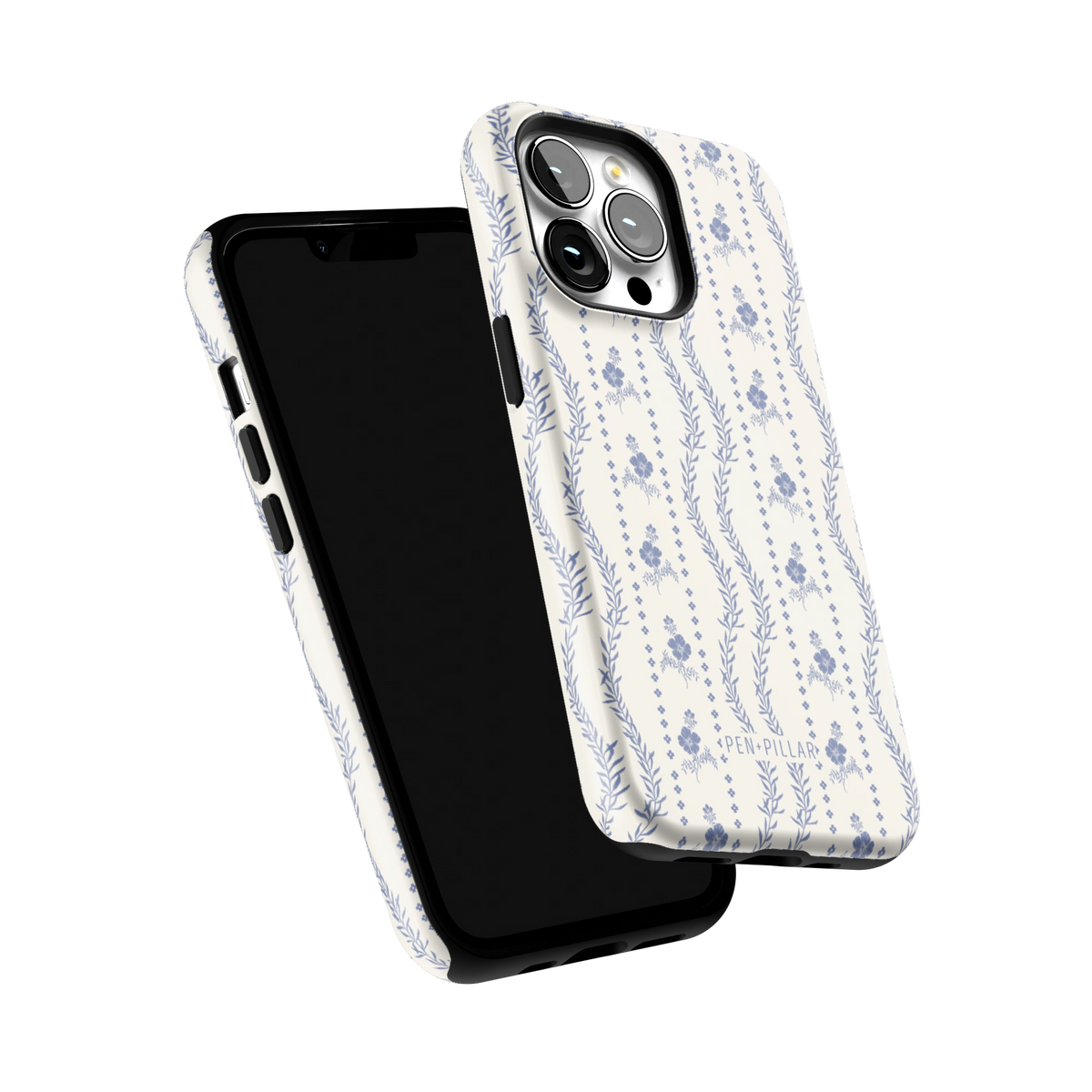 Riviera iPhone 13 Pro case tilted to show the raised edges around the screen and camera