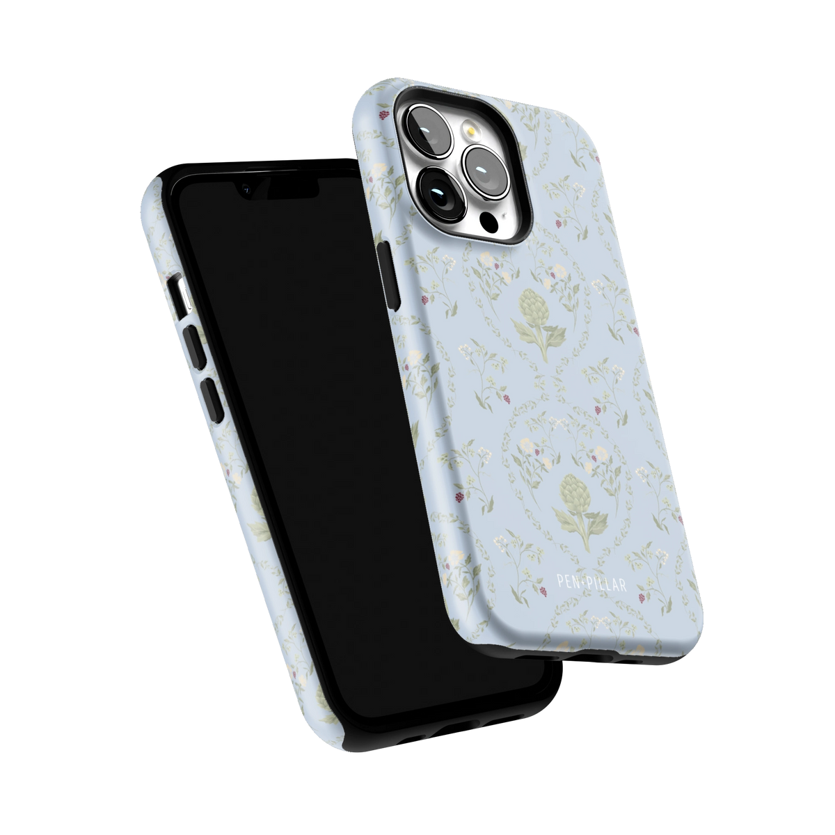 Artichoke iPhone 13 Pro case tilted to show the raised edges around the screen and camera
