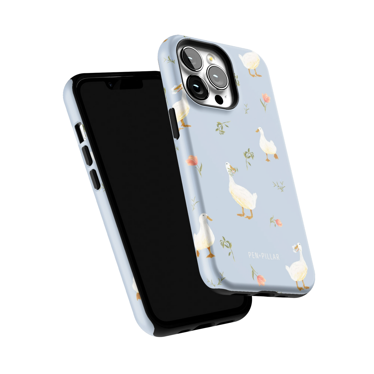 Ducks iPhone 13 Pro case tilted to show the raised edges around the screen and camera