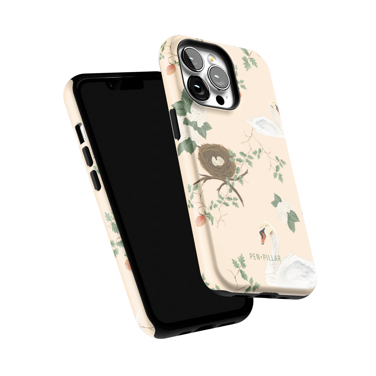 Swan Hollow iPhone 13 Pro case tilted to show the raised edges around the screen and camera