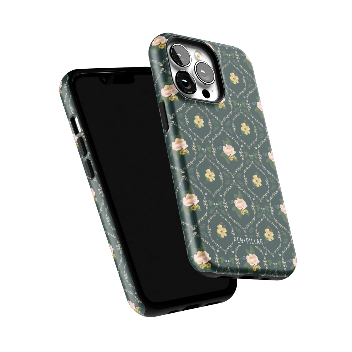 Meadow iPhone 13 Pro case tilted to show the raised edges around the screen and camera