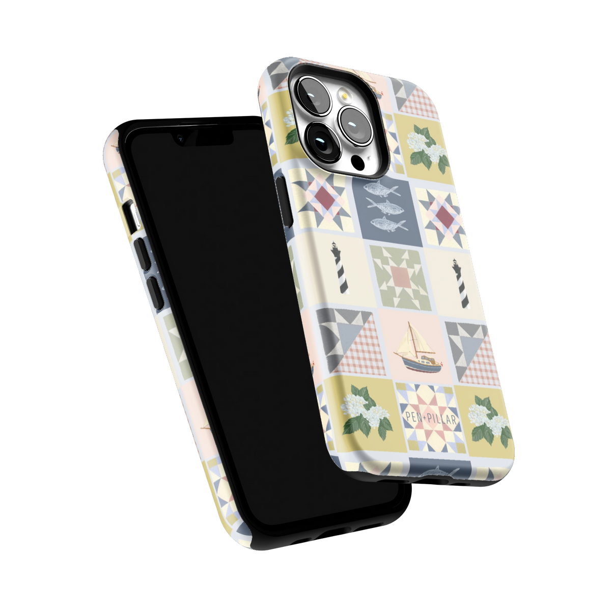 Coastal Quilt iPhone 13 Pro case tilted to show the raised edges around the screen and camera