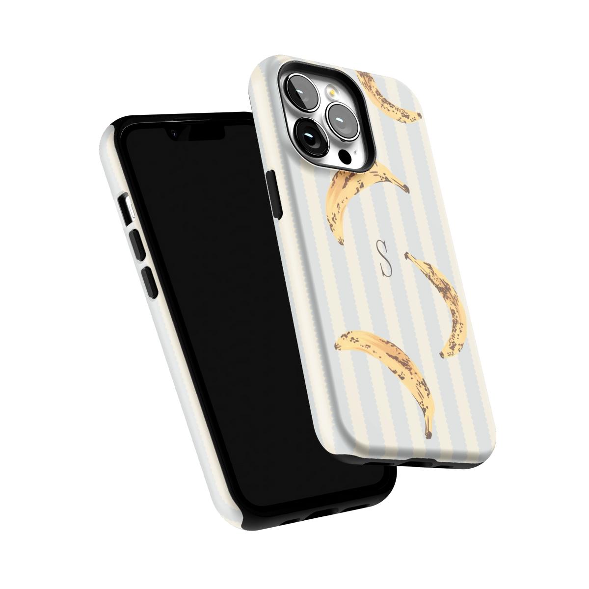 Striped Bananas Personalized iPhone 13 Pro case tilted to show the raised edges around the screen and camera