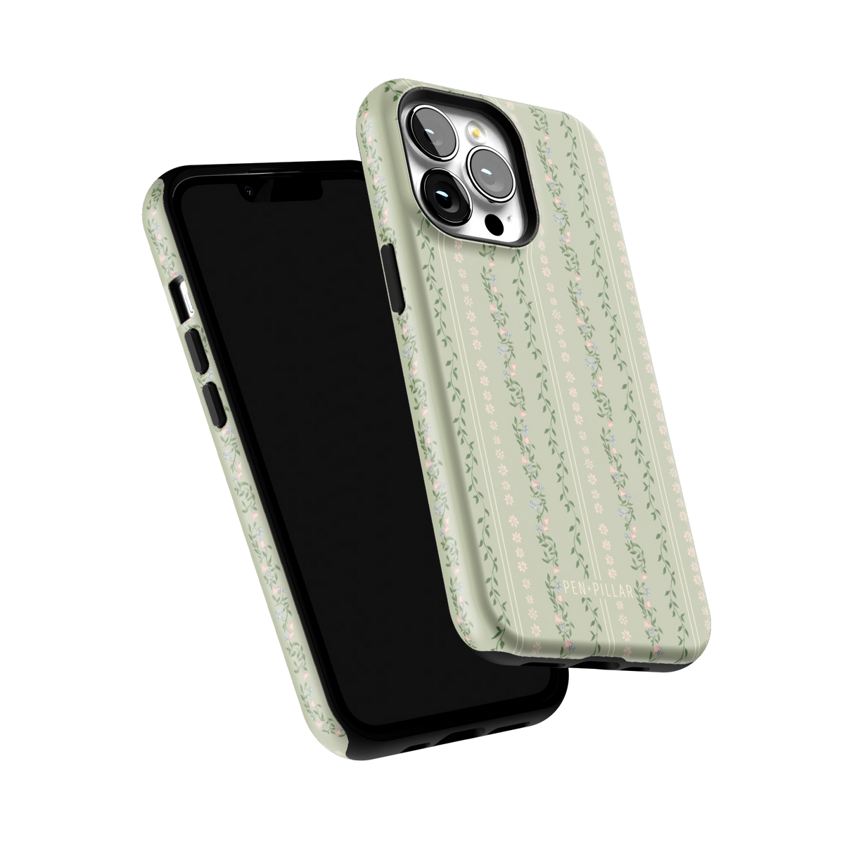 Camellia iPhone 13 Pro case tilted to show the raised edges around the screen and camera