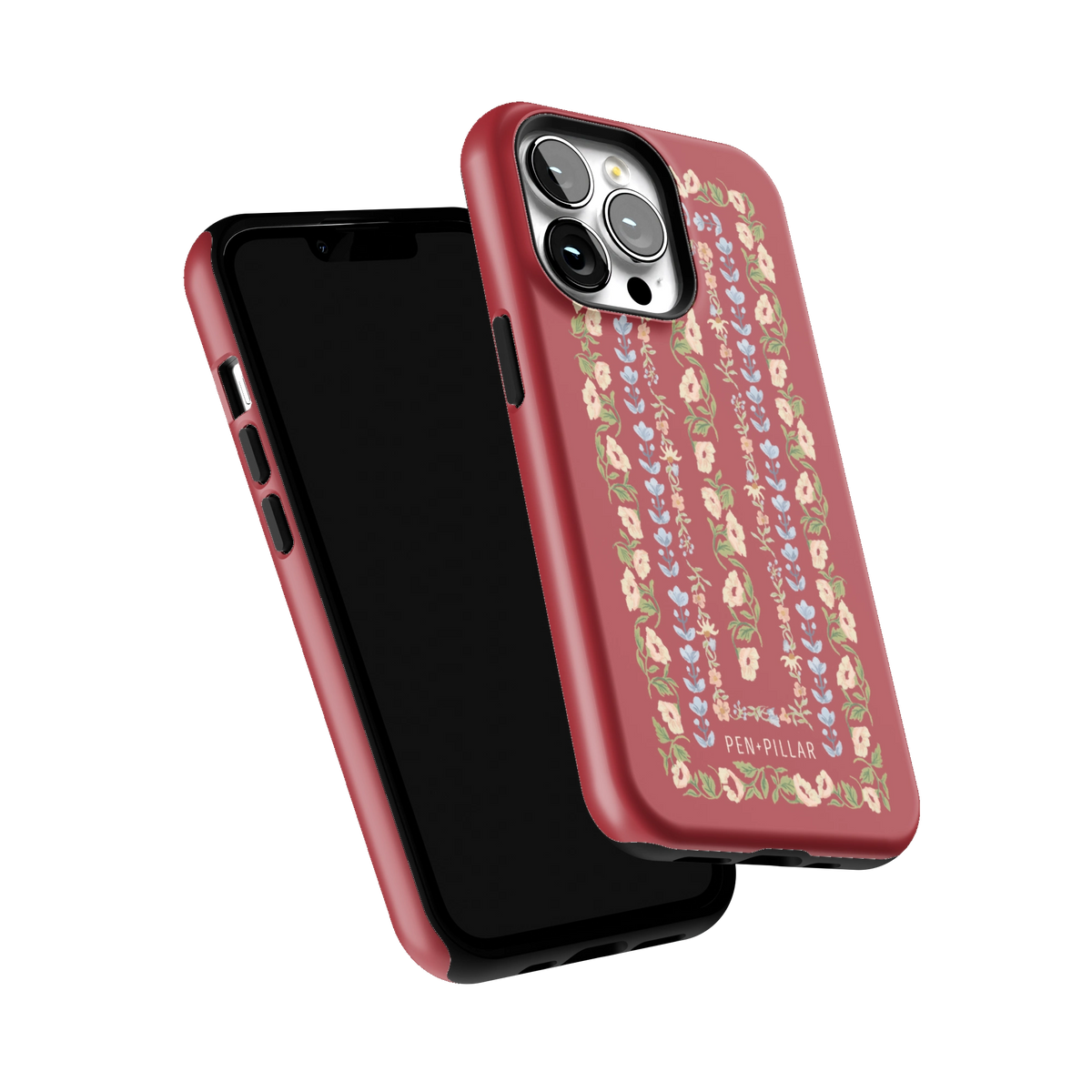 Fiona iPhone 13 Pro case tilted to show the raised edges around the screen and camera