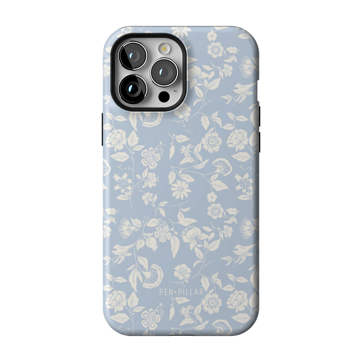 Spritz case on iPhone 13 Pro Max, back view: white florals on soft blue
