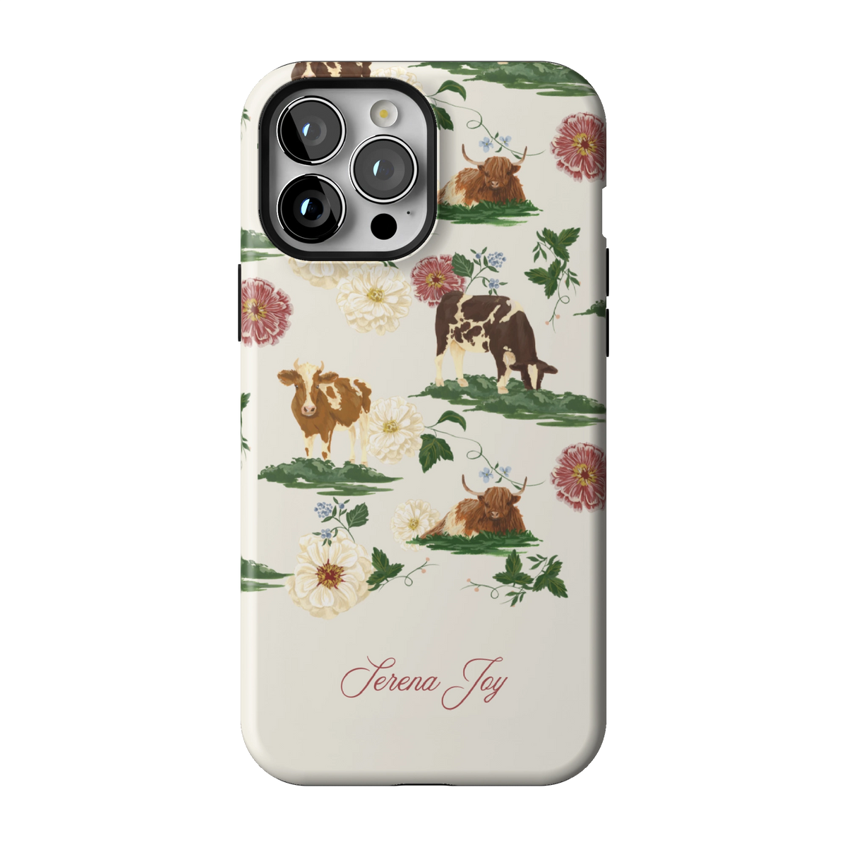 Pasture Personalized case on iPhone 13 Pro Max, back view: cows and dahlias in a countryside scene on cream with a name in script
