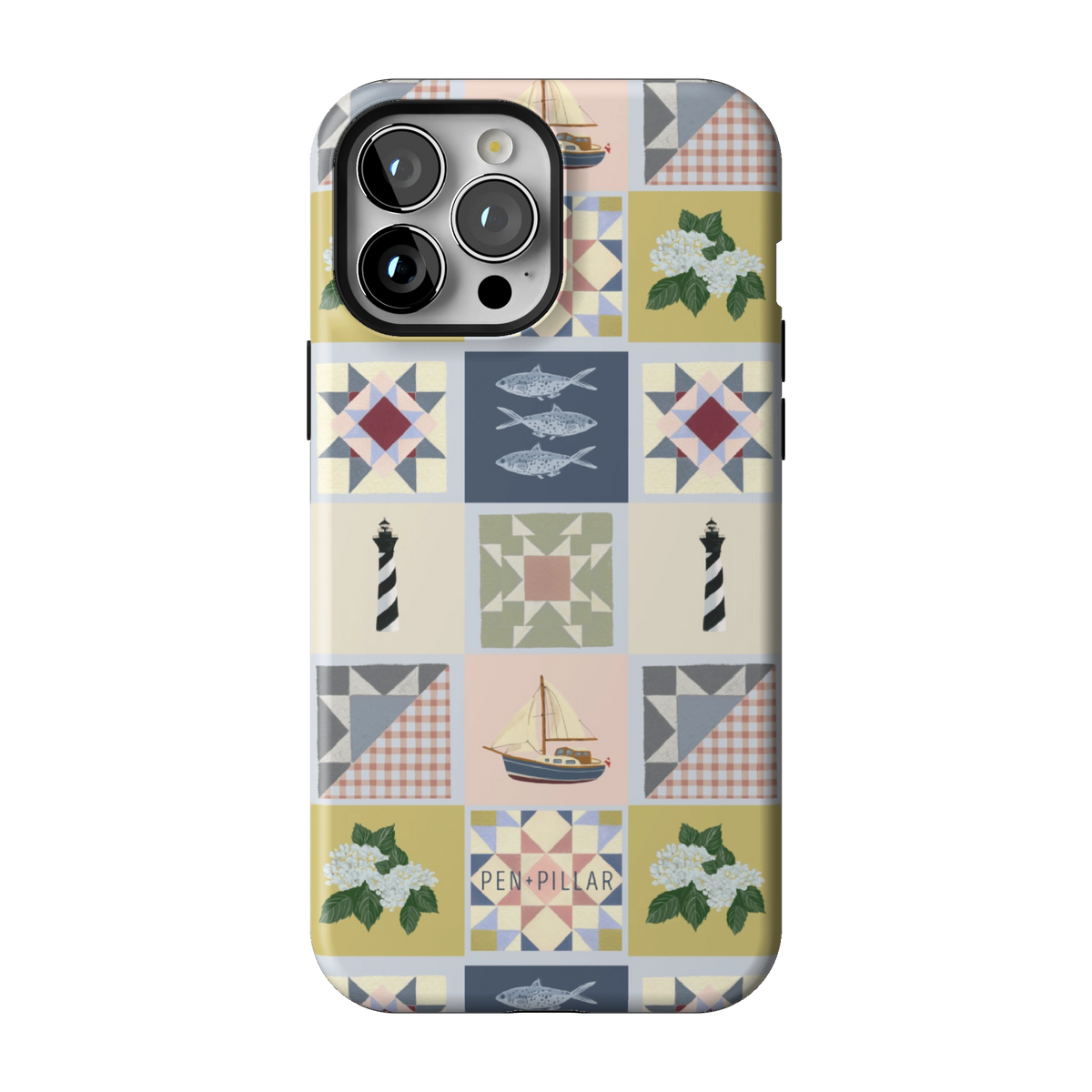 Coastal Quilt case on iPhone 13 Pro Max, back view: quilt blocks with sailboats, fish, a lighthouse and hydrangeas in navy, sage and blush