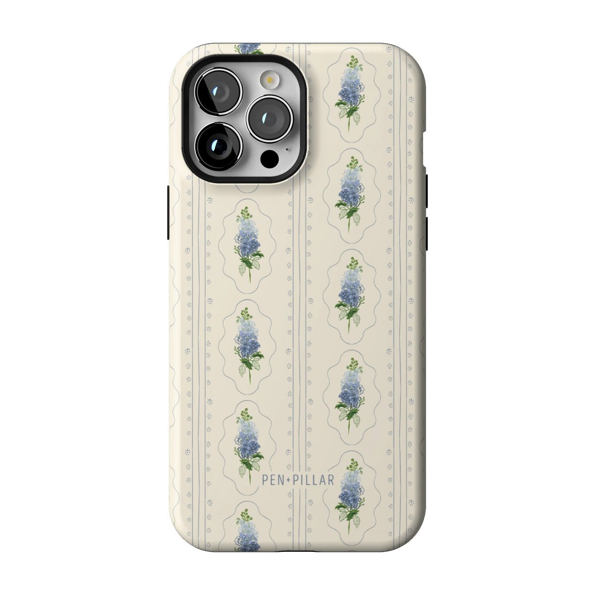 July Birth Month case on iPhone 13 Pro Max, back view: blue larkspur in cream frames