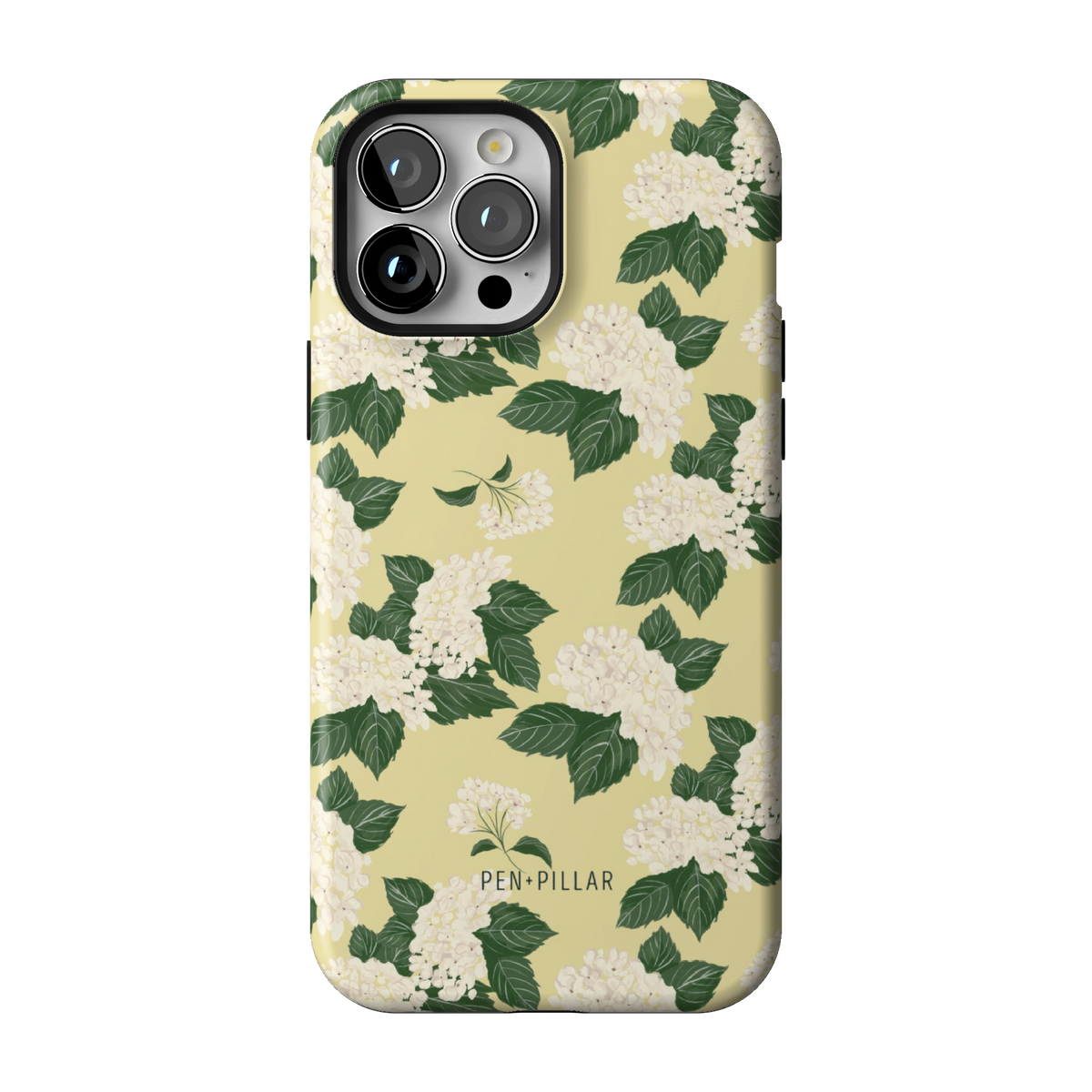 Hydrangea case on iPhone 13 Pro Max, back view: white hydrangeas and green leaves on buttery yellow