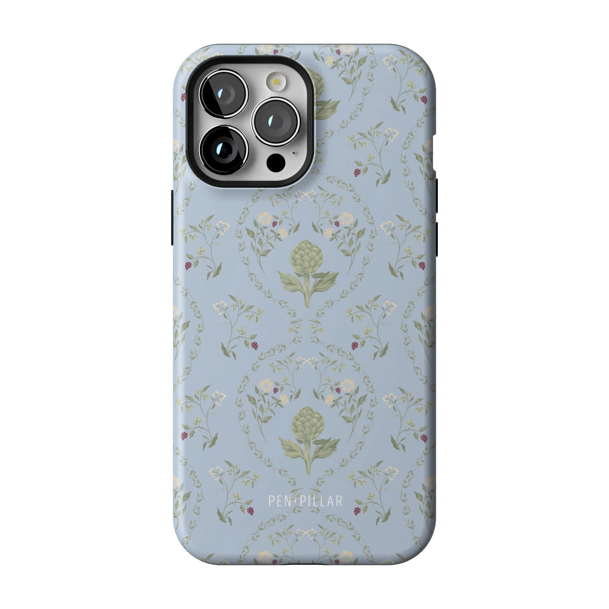 Artichoke case on iPhone 13 Pro Max, back view: soft green artichokes in a vintage trellis on dusty blue