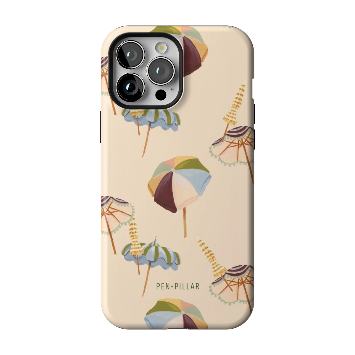 Umbrellas case on iPhone 13 Pro Max, back view: striped beach umbrellas and loungers on warm sand