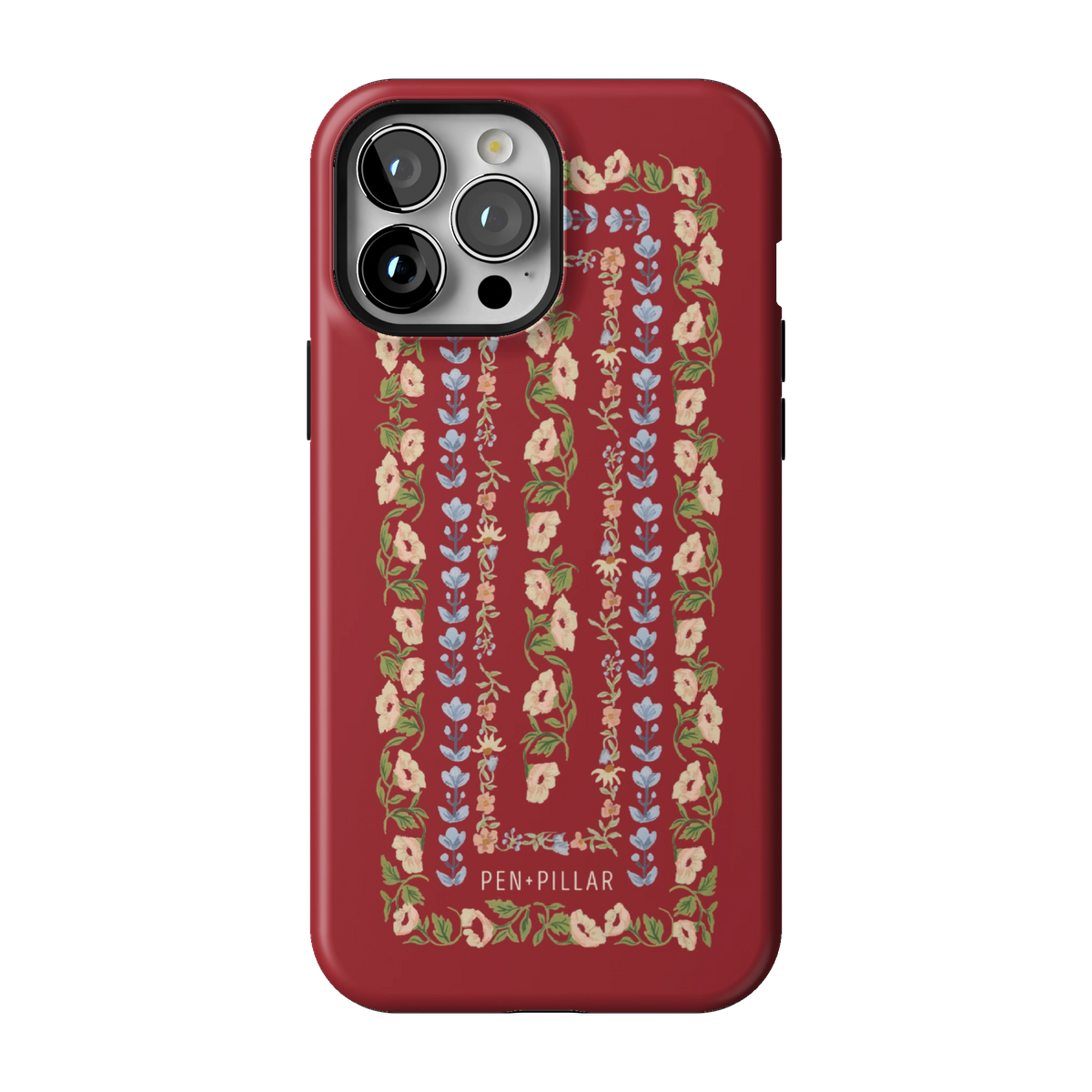 Fiona case on iPhone 13 Pro Max, back view: ornate floral stripes in cream, blush and blue on rich red