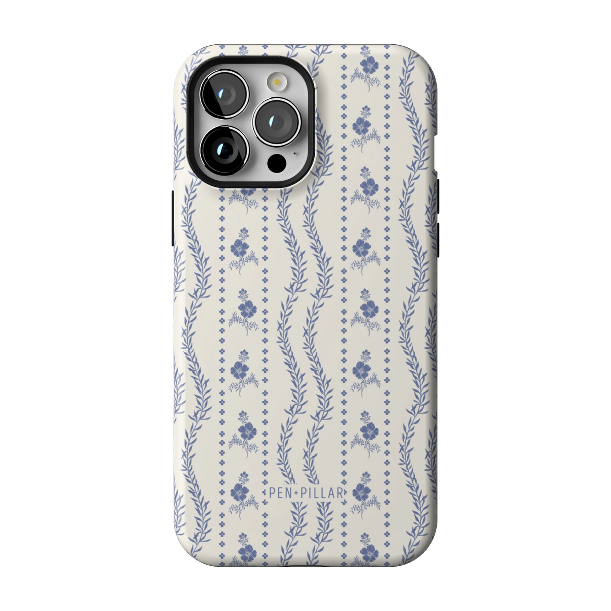 Riviera case on iPhone 13 Pro Max, back view: blue florals and vines in stripes on white