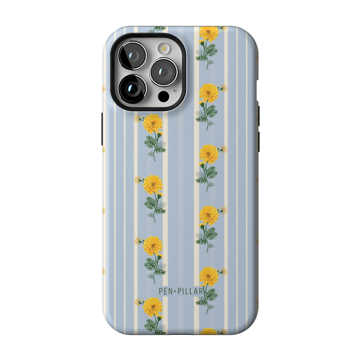 October Birth Month case on iPhone 13 Pro Max, back view: yellow marigolds on blue and cream stripes