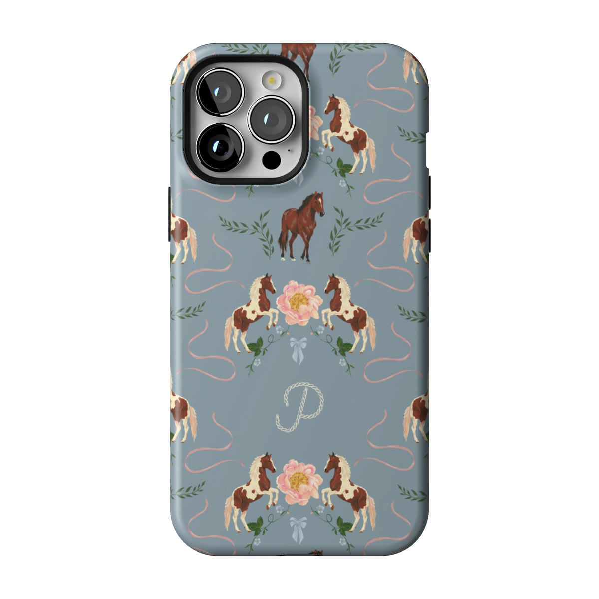 Prairie Personalized case on iPhone 13 Pro Max, back view: horses and blush florals on dusty blue with the initial P