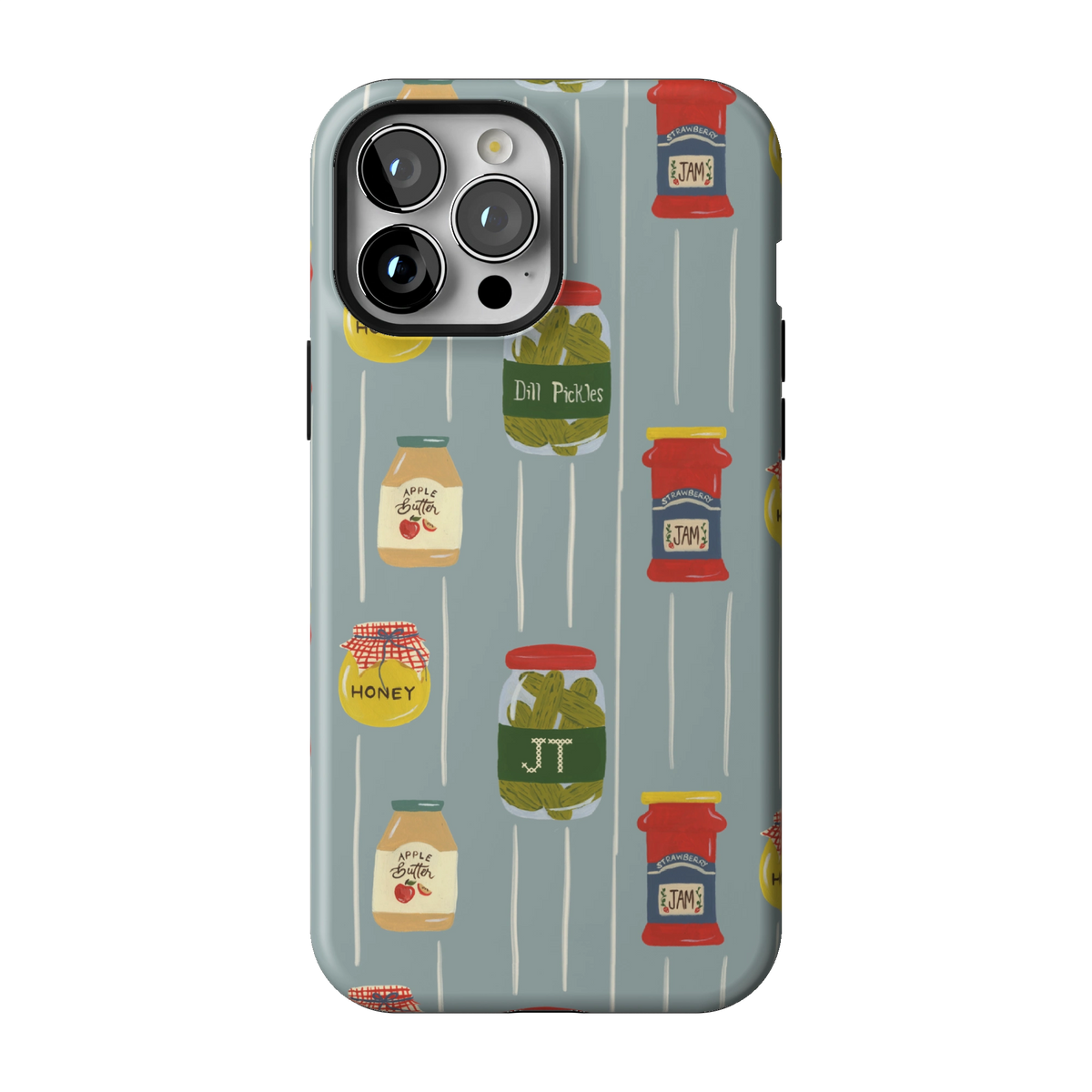 Preserves Personalized case on iPhone 13 Pro Max, back view: jars of honey, pickles and jam on slate blue stripes with the initials JT