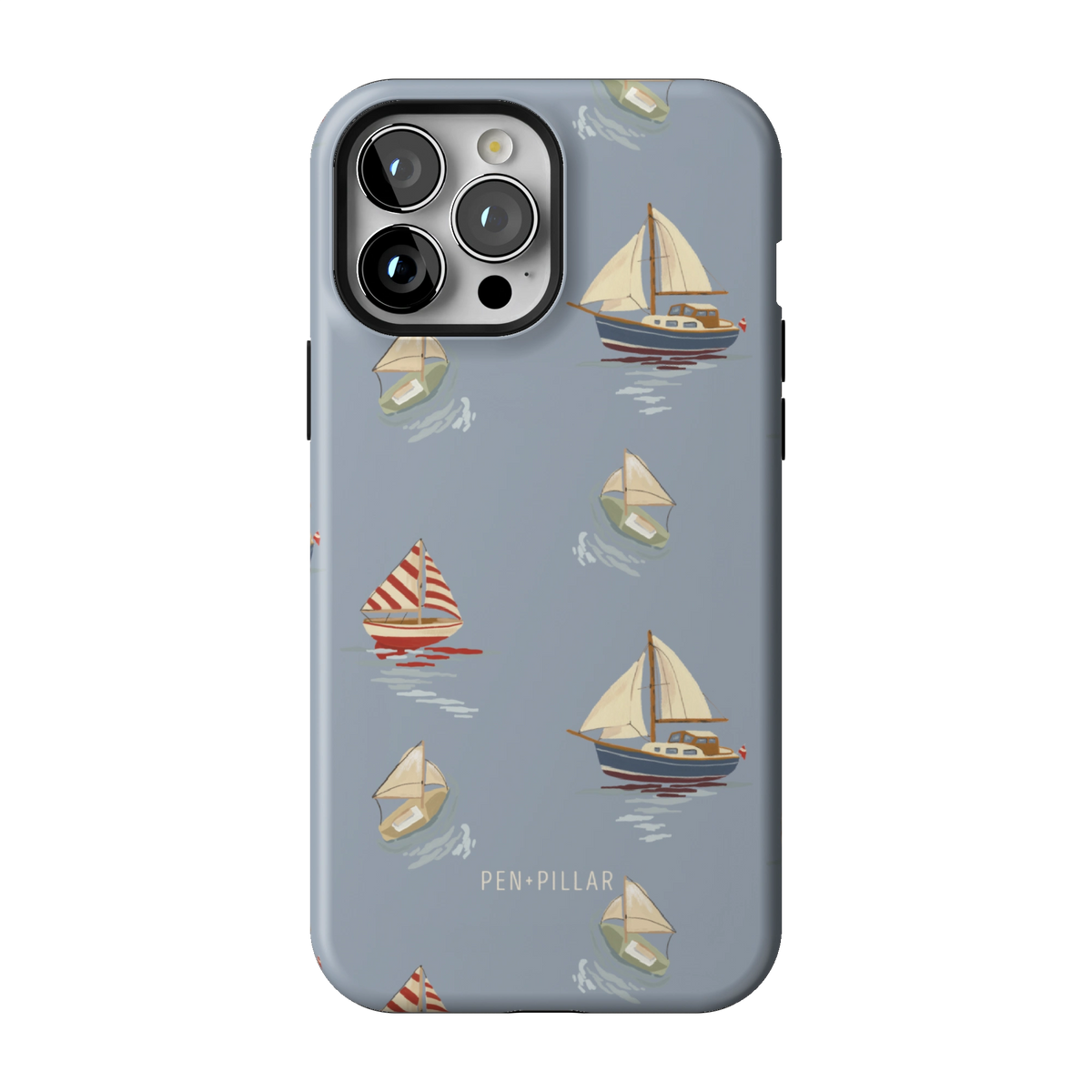 Harbor case on iPhone 13 Pro Max, back view: sailboats and paper boats on dusty blue