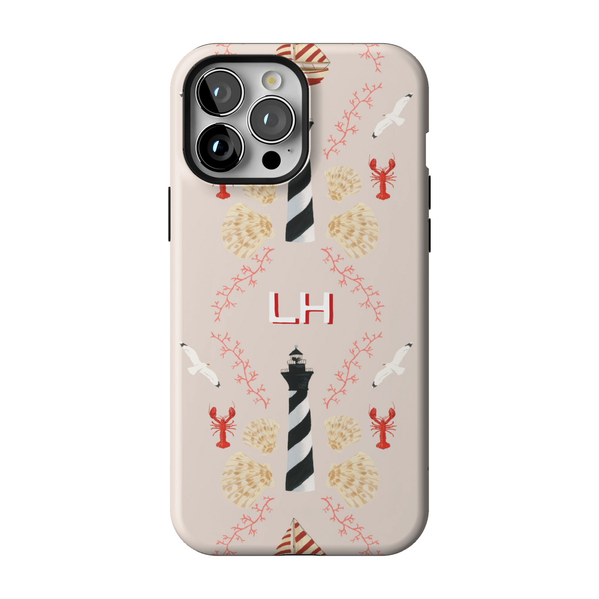 Lighthouse Personalized case on iPhone 13 Pro Max, back view: striped lighthouses, lobsters and seashells on blush with the initials LH